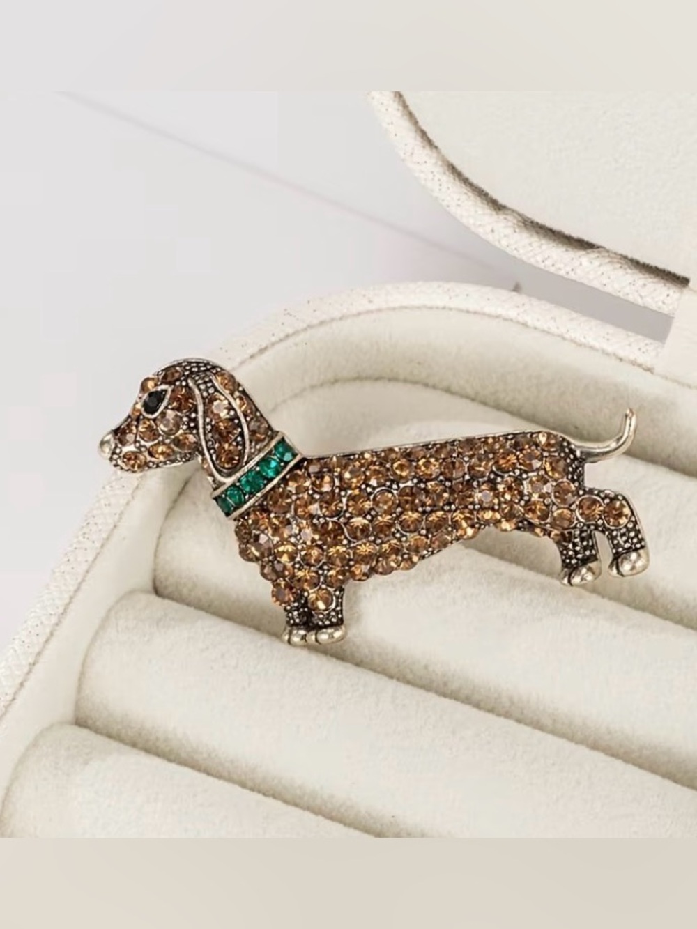 Crystal Dachshund Dog Brooch in Brown with Green Collar